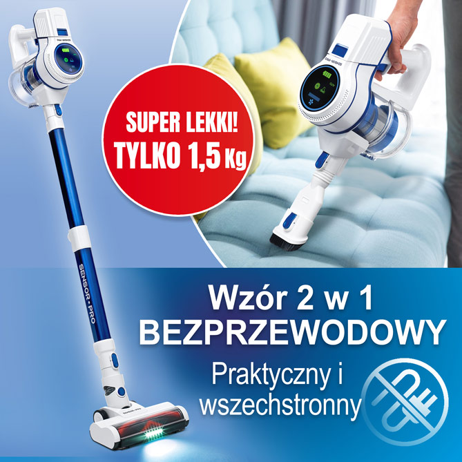 Inteligentny odkurzacz SENSOR PRO: SENSOR PRO działa BEZ PRZEWODU i posiada długotrwałą baterię litową: do 50 minut / 150 m2