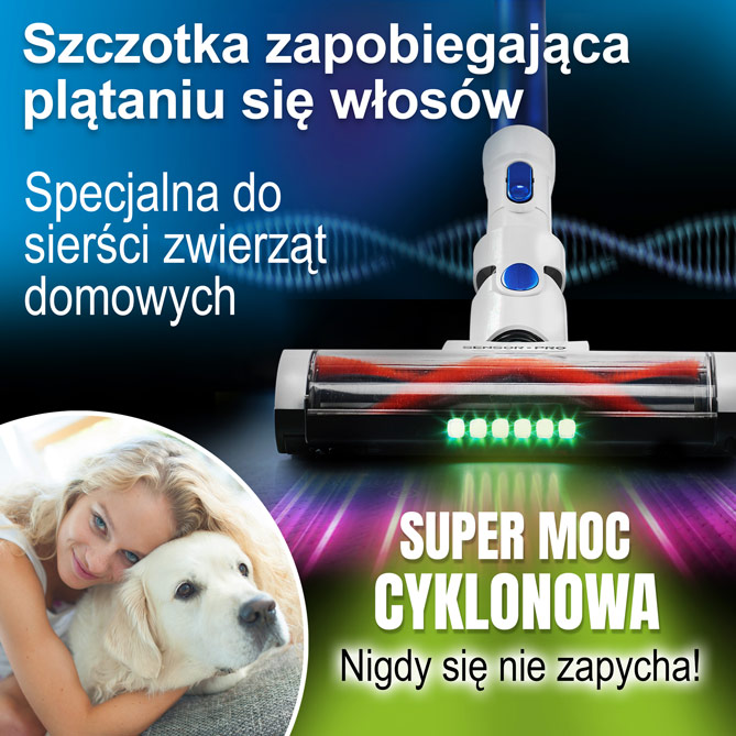 Inteligentny odkurzacz SENSOR PRO: Elastyczna głowica z oświetleniem LED